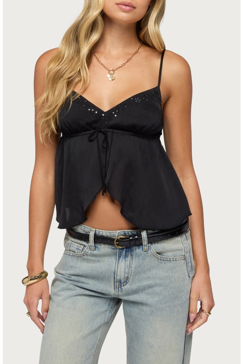 Liby Sequin Split Front Babydoll Top, Main, color, BLACK