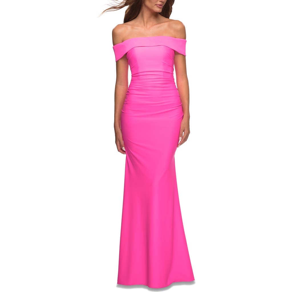 La Femme Long Off The Shoulder Ruched Neon Jersey Dress In Hot Pink