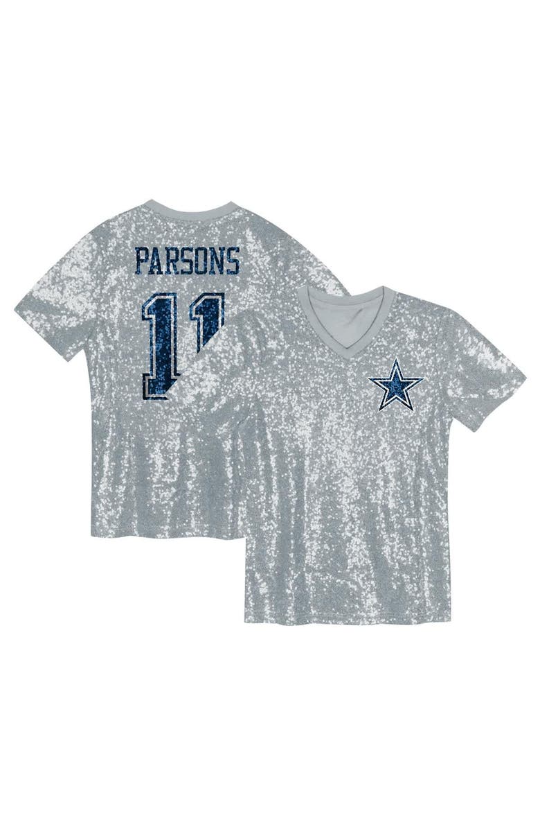 Outerstuff Girls Youth Micah Parsons Silver Dallas Cowboys Sequin V-Neck Fashion Jersey, Main, color, 