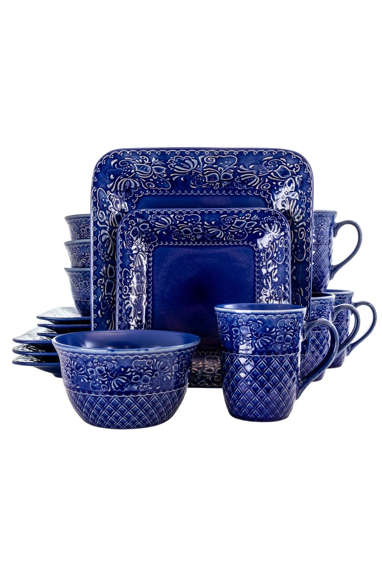 Elama Indigo Lotus 16 Piece Square Dinnerware Set, Main, color, Blue