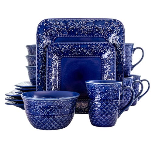 Elama Indigo Lotus 16 Piece Square Dinnerware Set In Blue