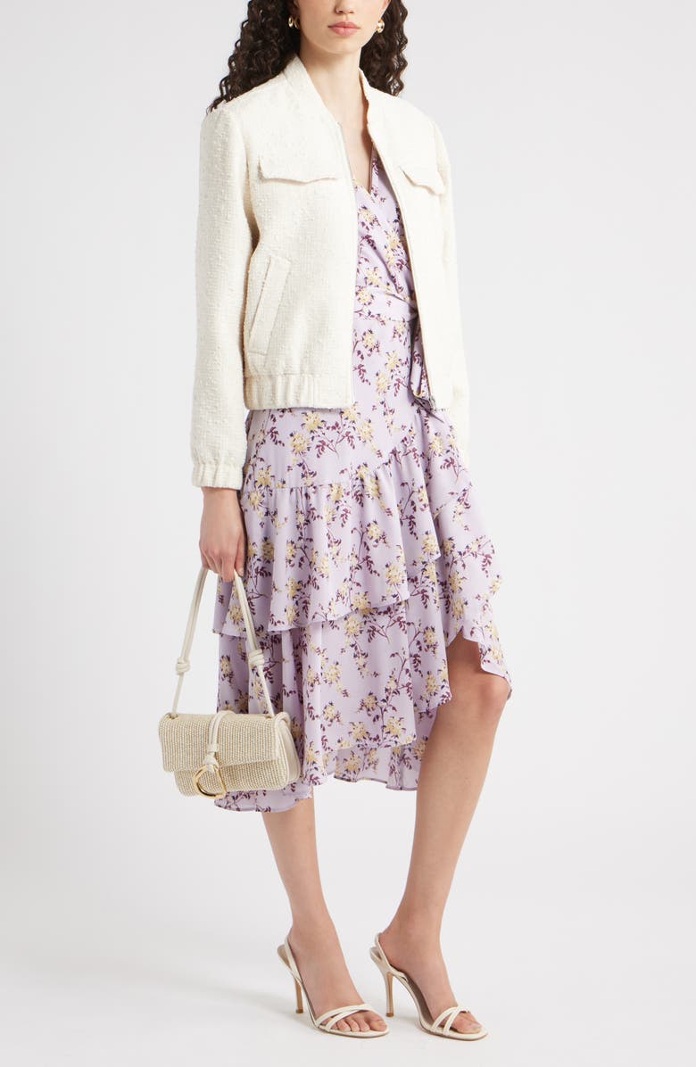 Chelsea28 Flutter Sleeve Faux Wrap Midi Dress, Alternate, color, Purple- Tan Melody Floral