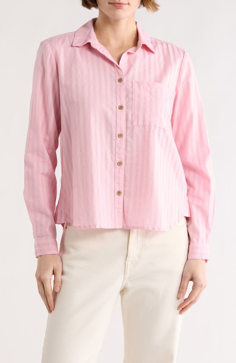 beachlunchlounge Candace Stripe Cotton Button-Up Shirt, Main, color, Pink Quartz