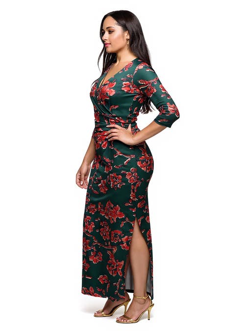 24seven Comfort Apparel Floral Print Three Quarter Sleeve Side Slit Maxi Dress In Multi