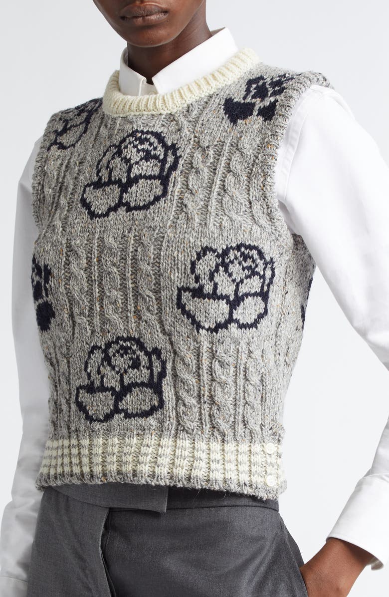 Thom Browne Intarsia Rose Donegal Tweed Sweater Vest, Alternate, color,