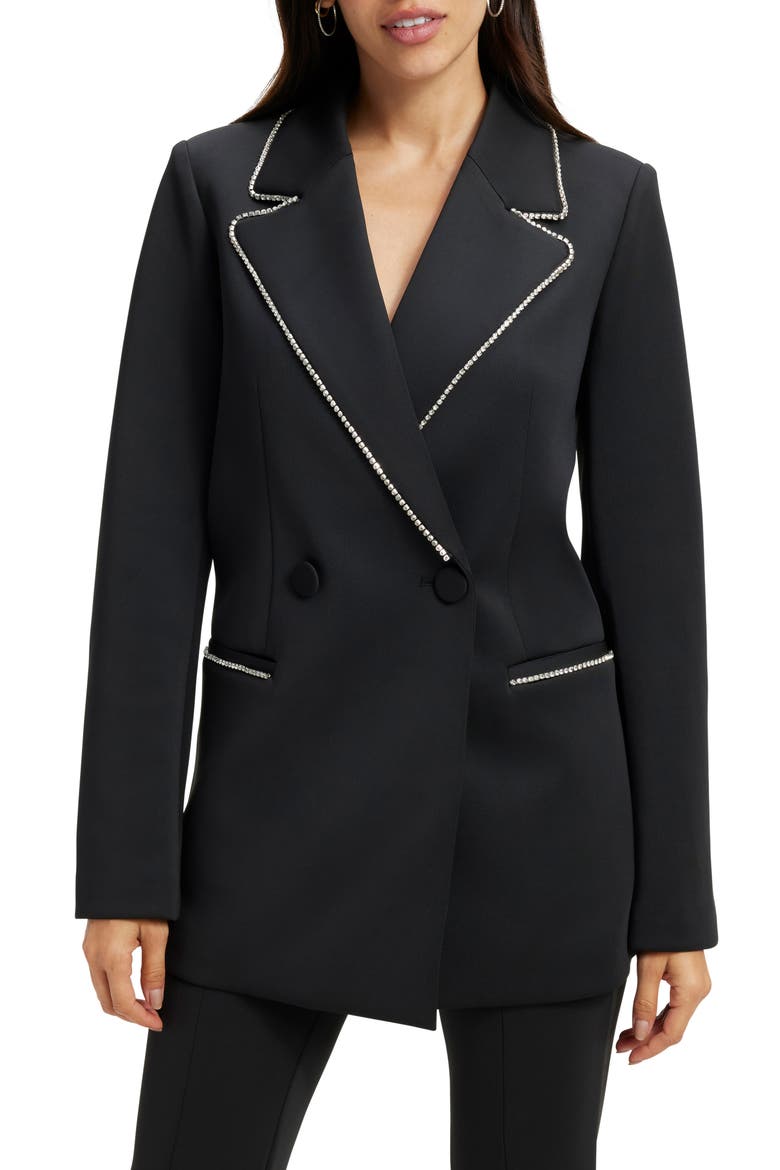 Crystal Embellished Double Breasted Scuba Blazer, Main, color, BLACK001
