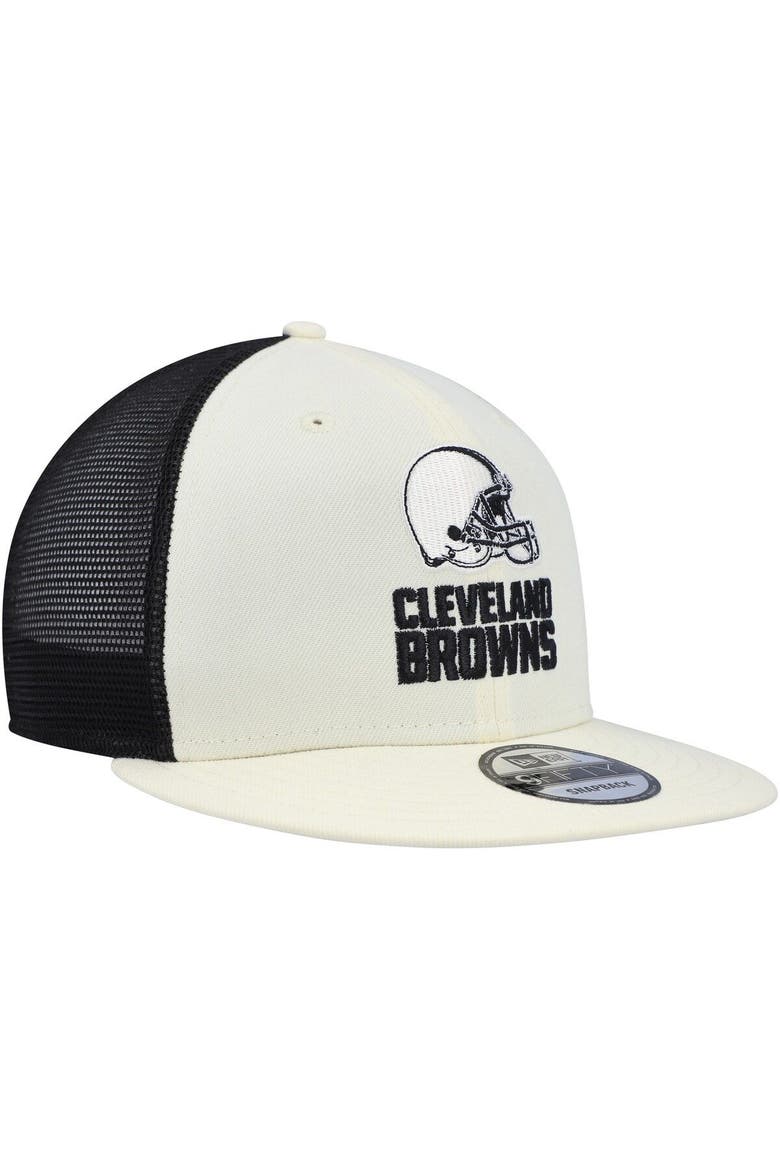 Men's New Era Cream/Black Cleveland Browns Chrome Collection 9FIFTY Trucker Snapback Hat, Alternate, color, Cream