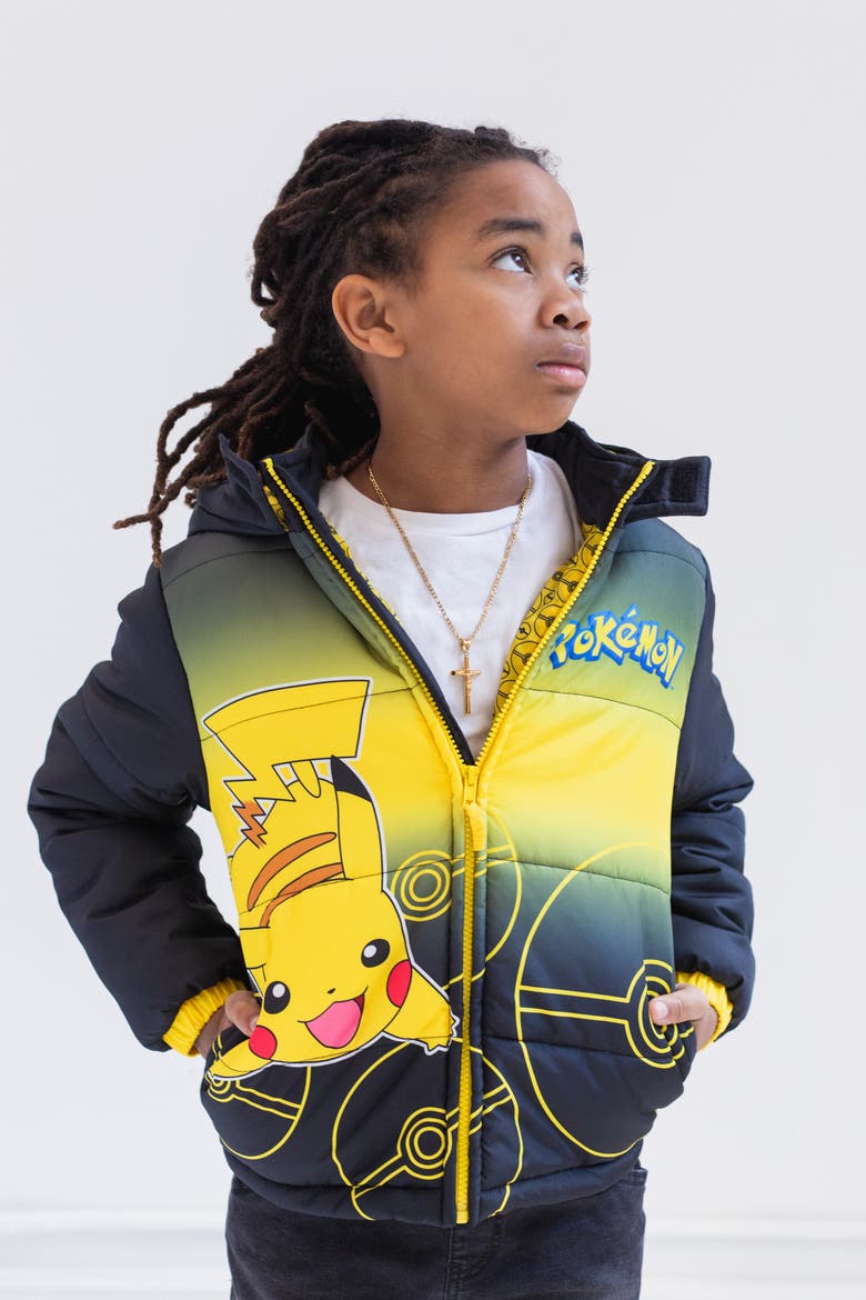 Hooded Puffer Jacket, Alternate, color, Black Yellow Pikachu