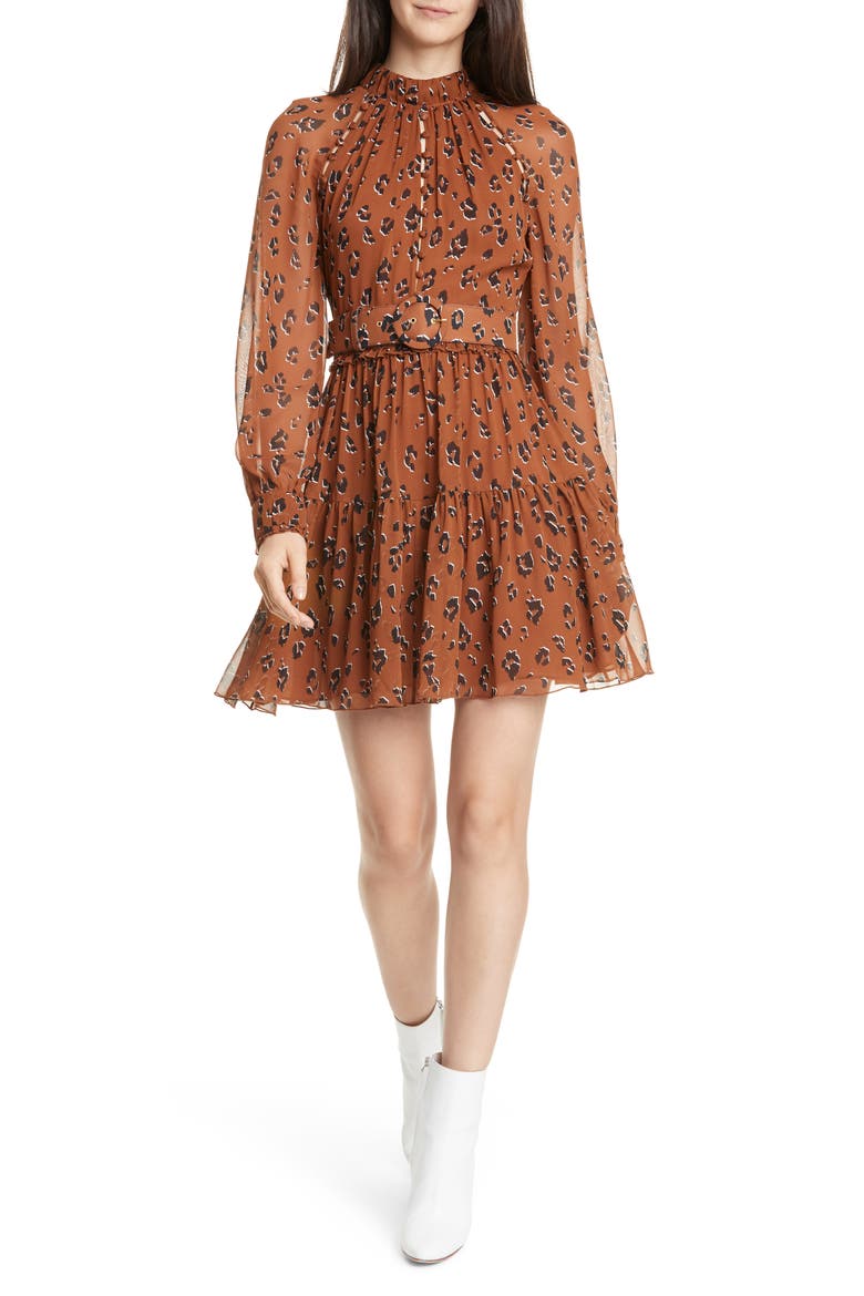 Leopard Print Long Sleeve Belted Silk Minidress, Main, color, LIGHT TOBACCO LEOPARD