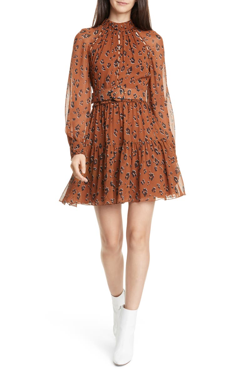 NICHOLAS Leopard Print Long Sleeve Belted Silk Minidress, Main, color, 