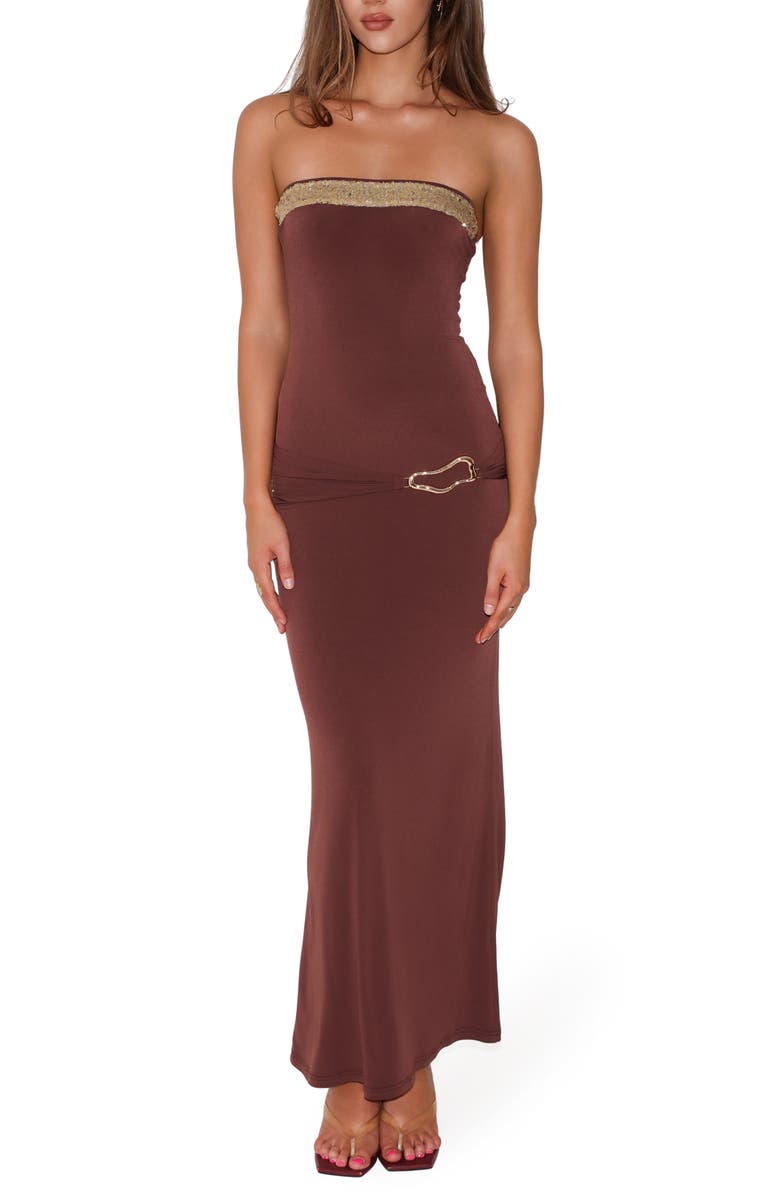 Tiger Mist Sequin Detail Strapless Body-Con Gown, Main, color, Cinnamon Chocolate