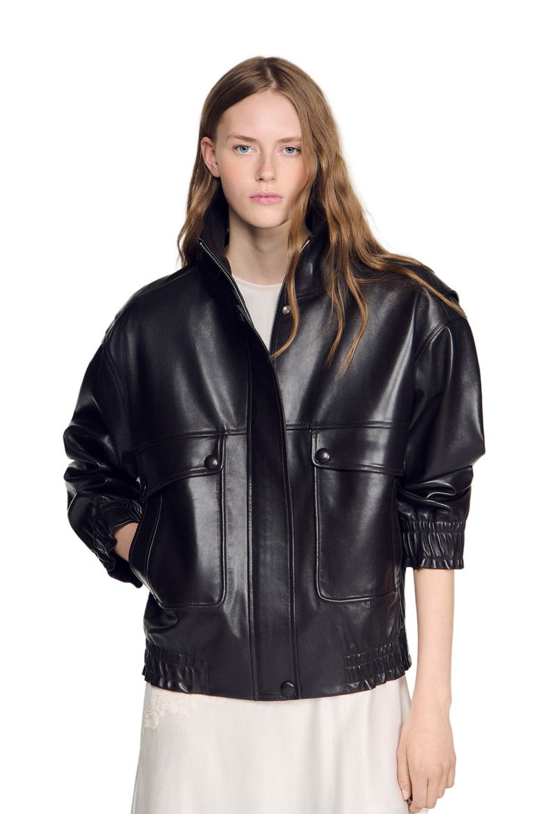 Standing collar leather jacket, Alternate, color, Black brown