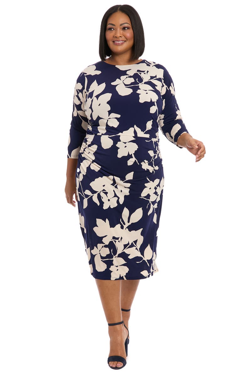 London Times Ruched Long Sleeve Midi Dress, Alternate, color, Navy/ Cream