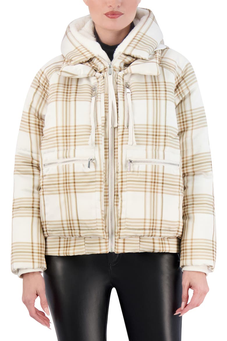Plaid Faux Fur Lined Utility Crop Puffer Hooded Jacket, Main, color, CREAM PLAID