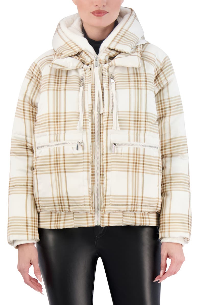 Ookie & Lala Plaid Faux Fur Lined Utility Crop Puffer Hooded Jacket, Main, color, Cream Plaid