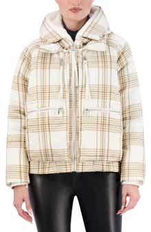 Ookie & Lala Plaid Faux Fur Lined Utility Crop Puffer Hooded Jacket