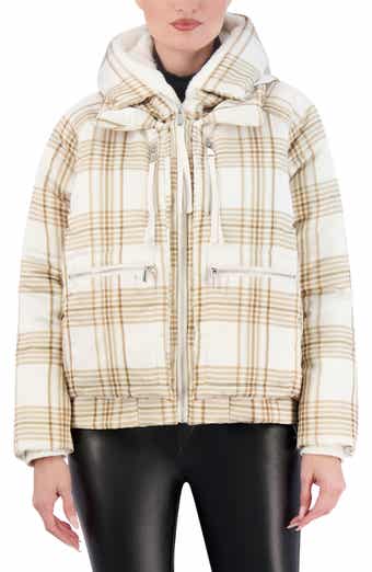 Ookie & Lala Plaid Faux Fur Lined Utility Crop Puffer Hooded Jacket