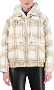 Ookie & Lala Plaid Faux Fur Lined Utility Crop Puffer Hooded Jacket