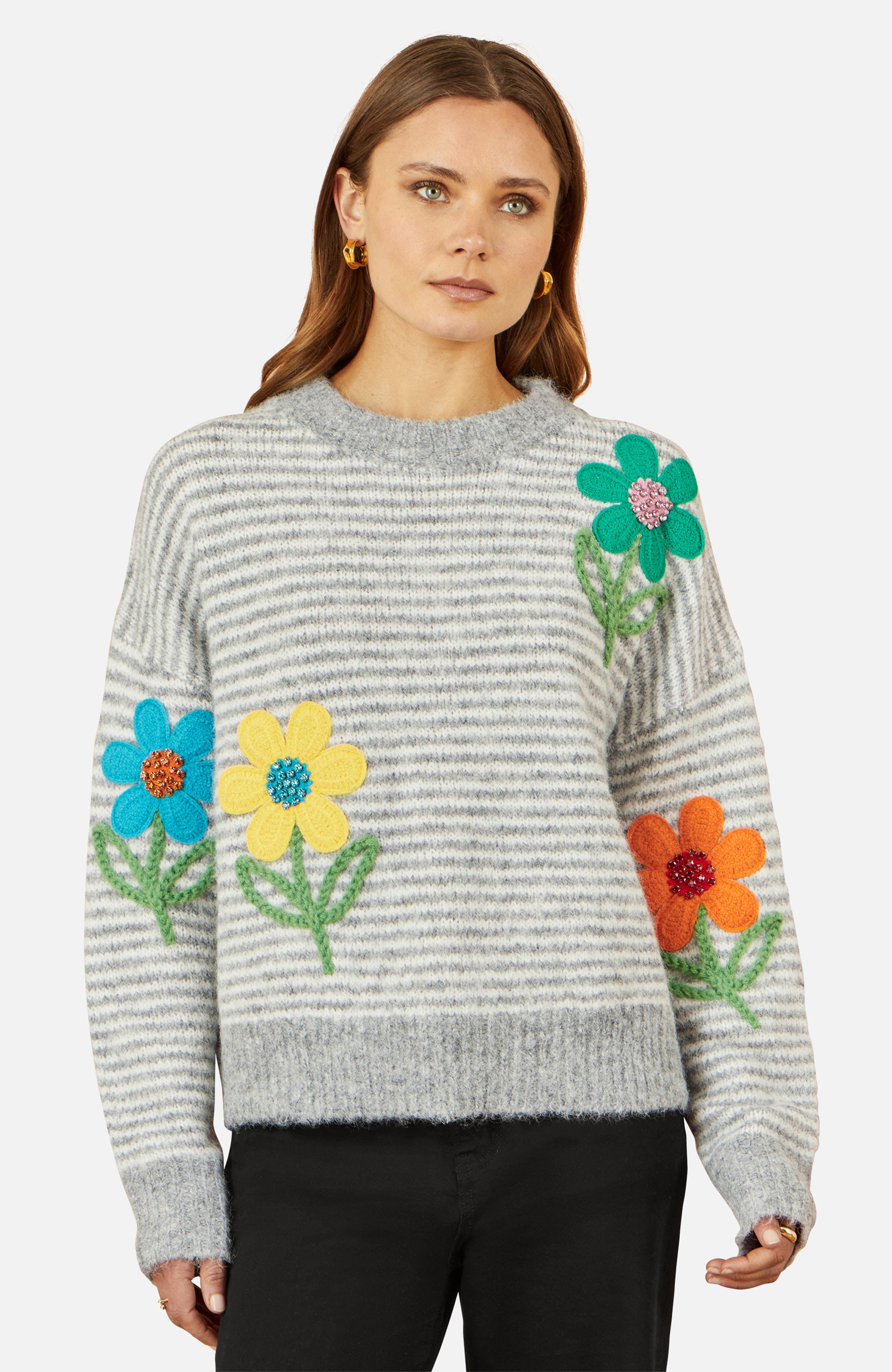 Striped Floral Applique Sweater