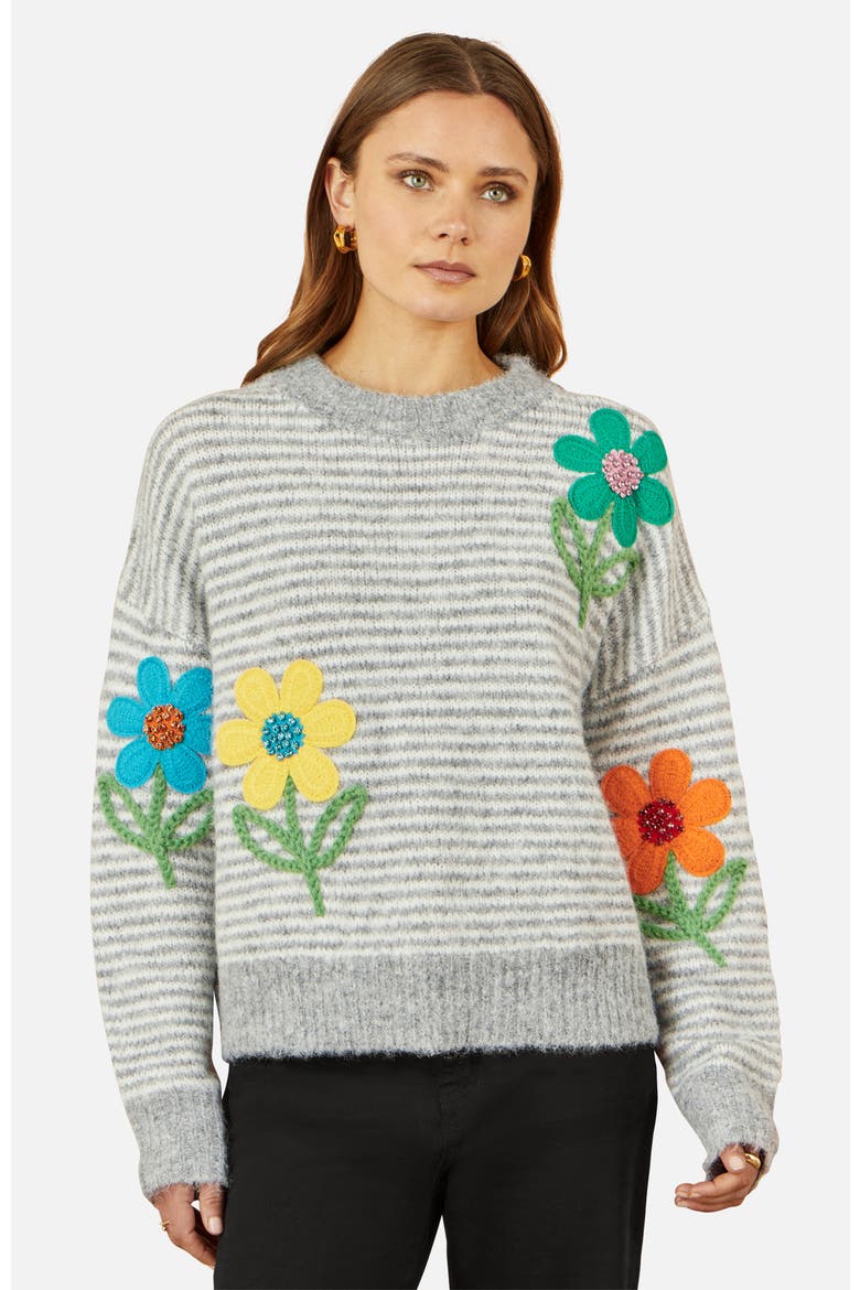 Striped Floral Applique Sweater, Main, color, Grey