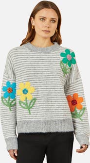 Yumi Striped Floral Applique Sweater