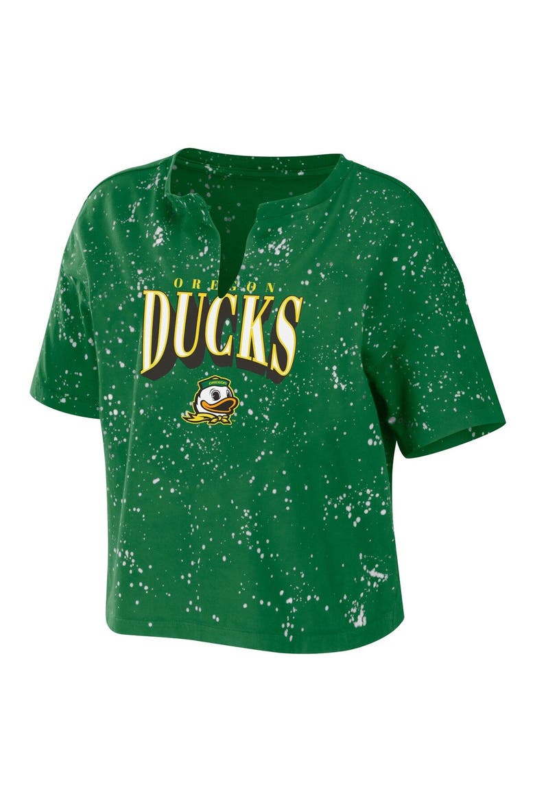 Women's WEAR by Erin Andrews Green Oregon Ducks Bleach Wash Splatter Cropped Notch Neck T-Shirt, Alternate, color, Green