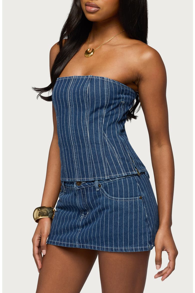 Camelia Strapless Denim Corset Top, Alternate, color, BLUE-AND-WHITE