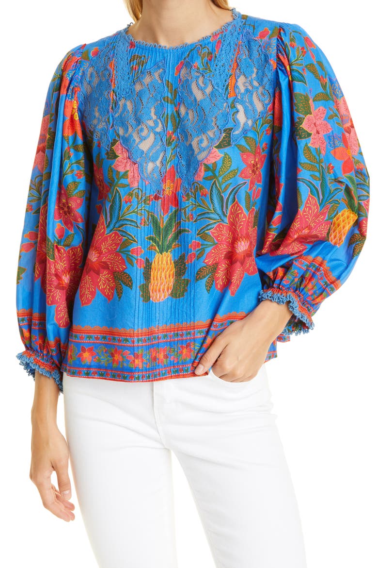 Tropical Tapestry Cotton Blouse, Main, color, BLUE TROPICAL TAPESTRY