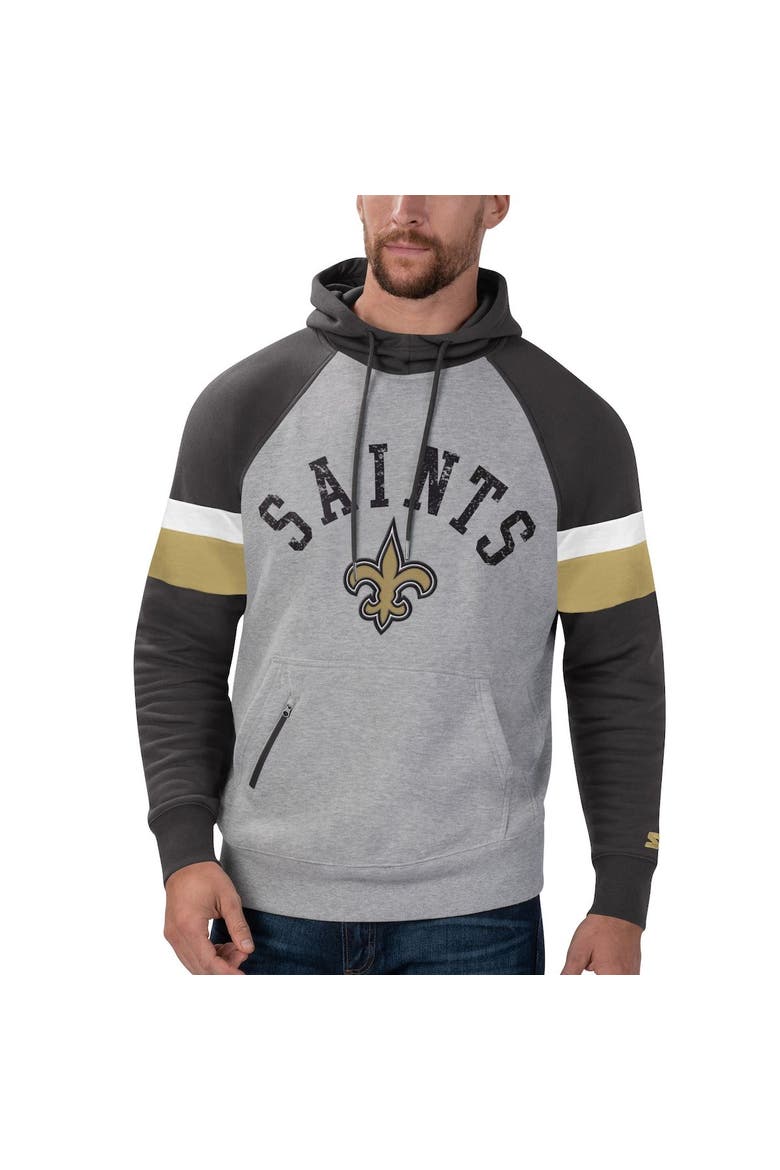 Men's Starter Heathered Gray/Black New Orleans Saints Home Run Raglan Pullover Hoodie, Alternate, color, Heather Gray
