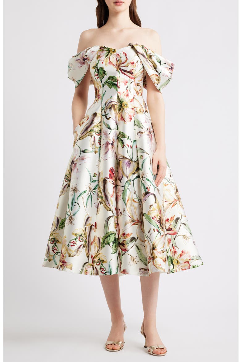 Off-th-Shoulder Floral Midi Dress, Main, color, IVORY MULT