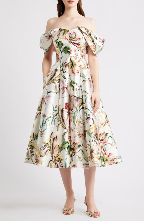 Off-th-Shoulder Floral Midi Dress