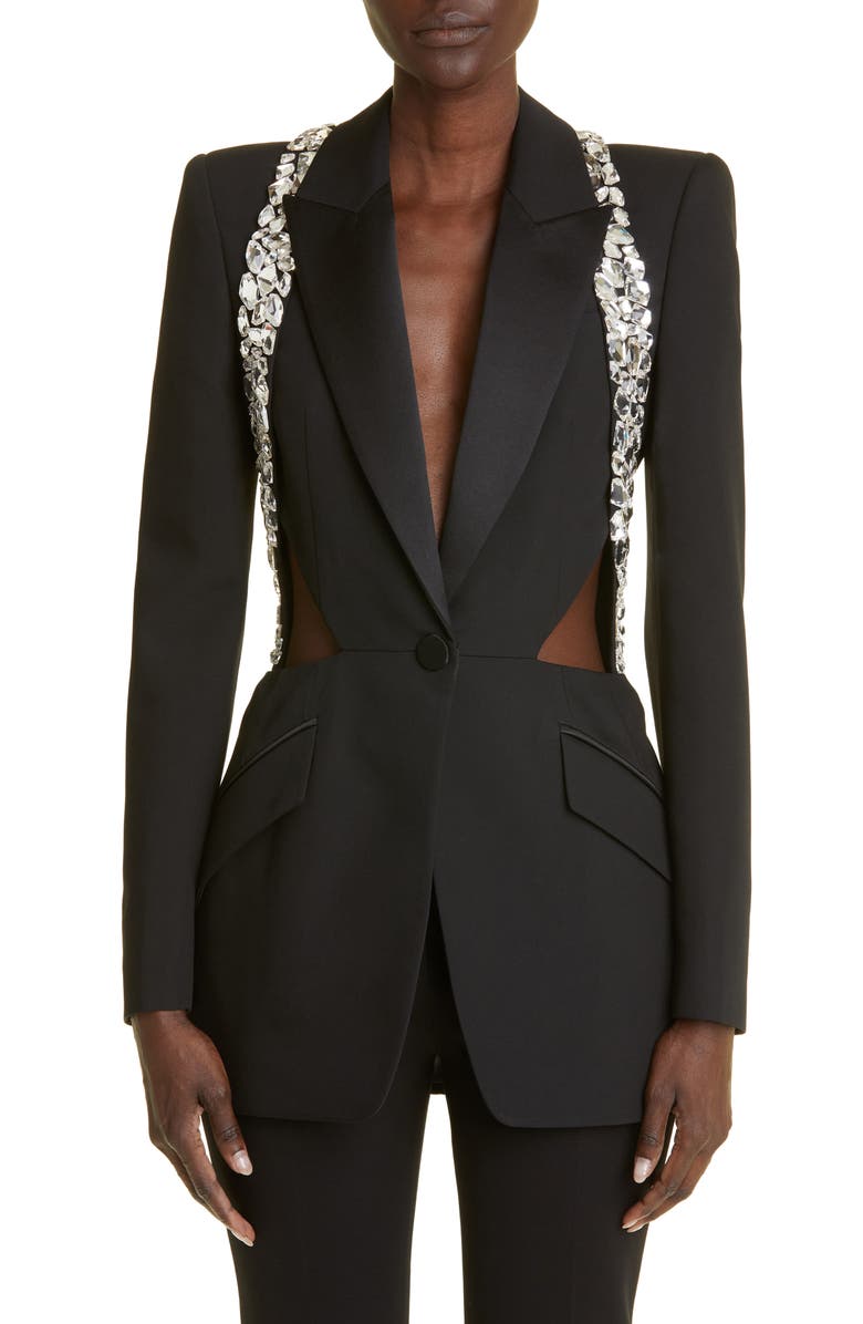 McQueen Crystal Shard Harness Wool Blazer, Main, color,