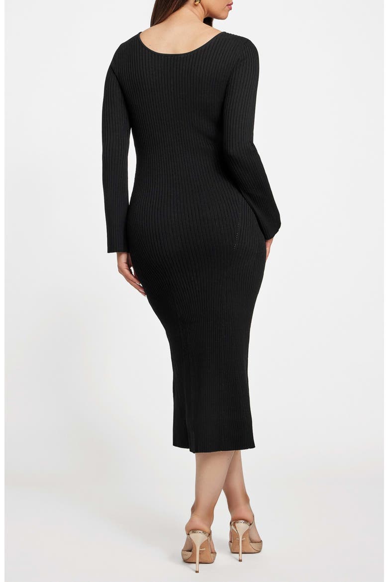 Agathe Cutout Detail Long Sleeve Rib Midi Dress, Alternate, color, JBLACK-BLACK