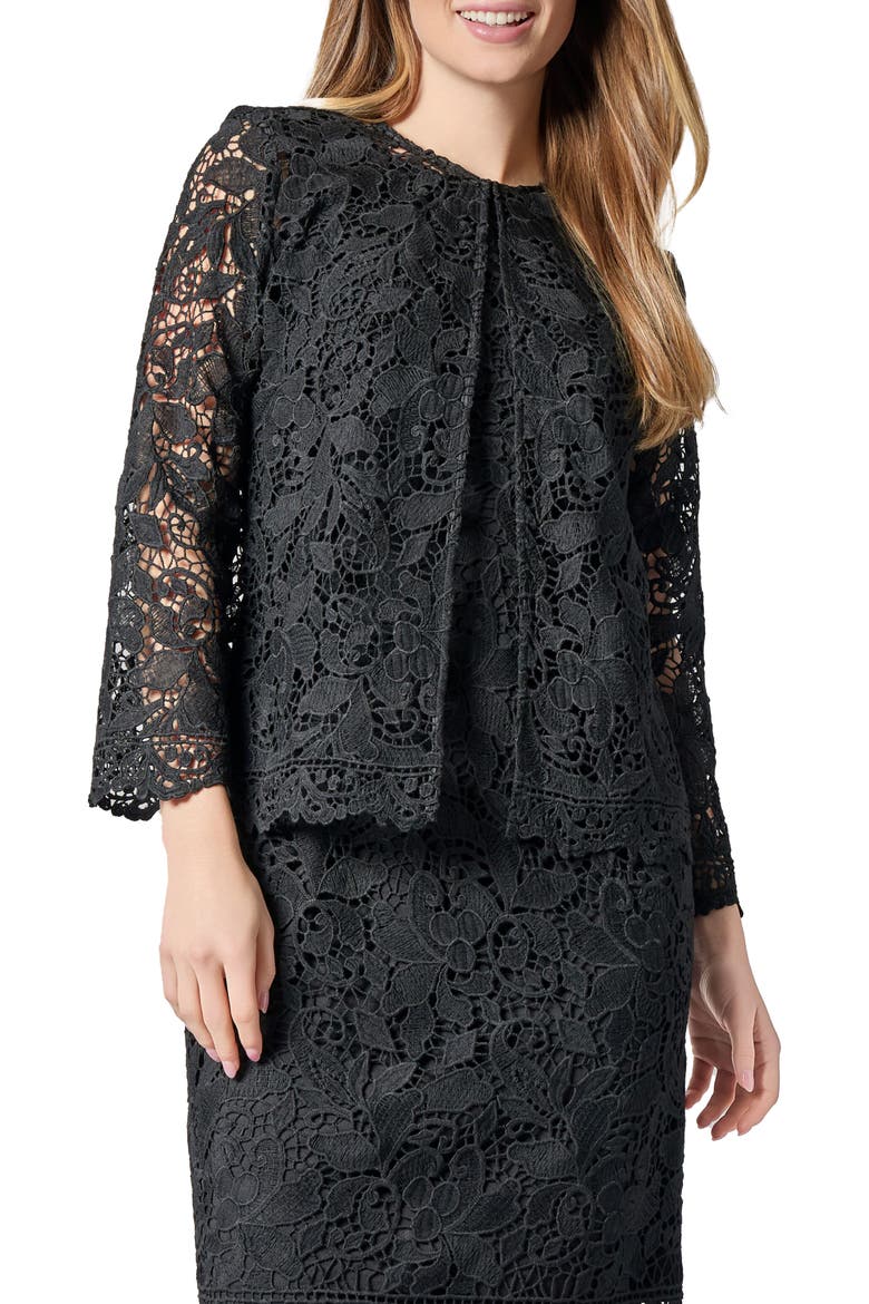 Lace Three Quarter Sleeve Knit Cardigan Sweater, Main, color, BLACK
