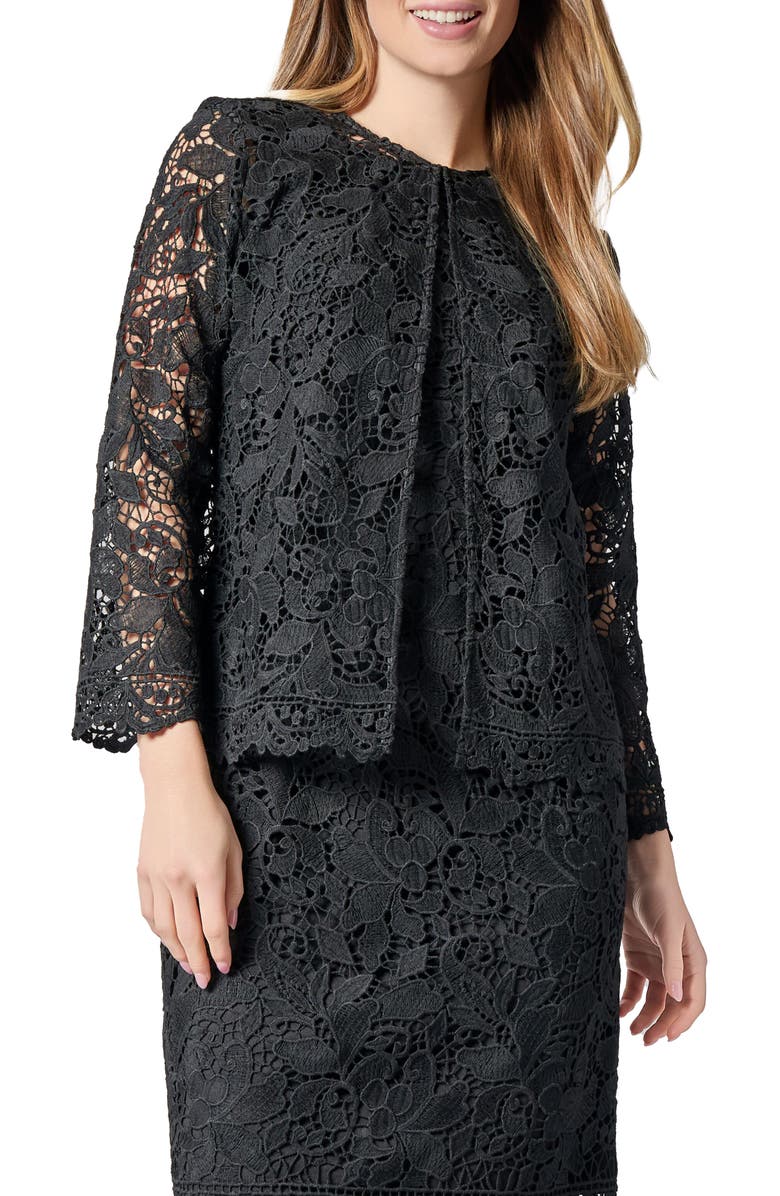 KASPER Lace Three Quarter Sleeve Knit Cardigan Sweater, Main, color,