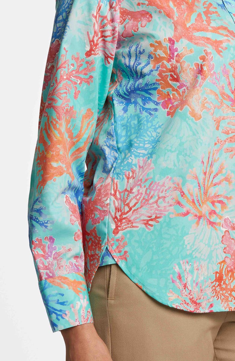 Foxcroft Meghan Coral Print Cotton Button-Up Shirt, Alternate, color, Blue Multi