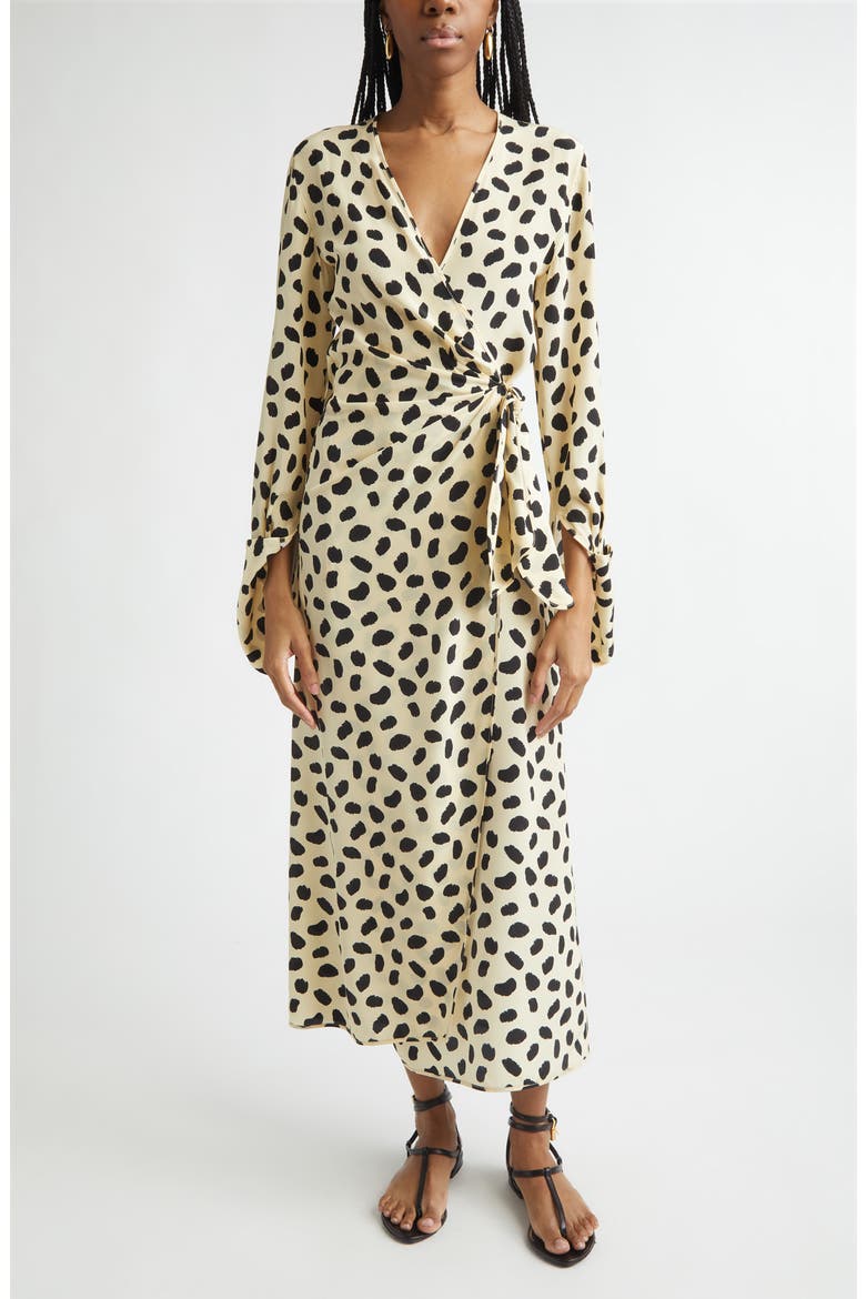 Ollantay Print Long Sleeve Silk Wrap Dress, Main, color, ECRU / BLACK