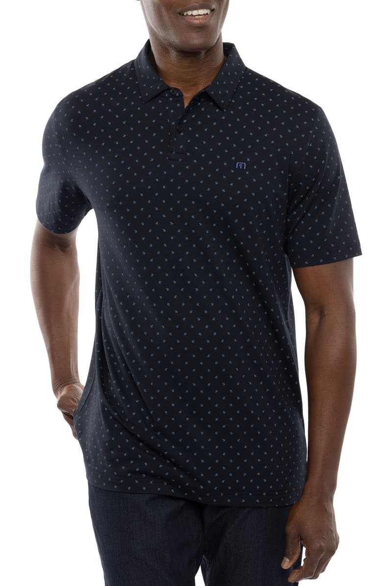 TravisMathew Cape Verde Geo Print Stretch Polo, Main, color, Black