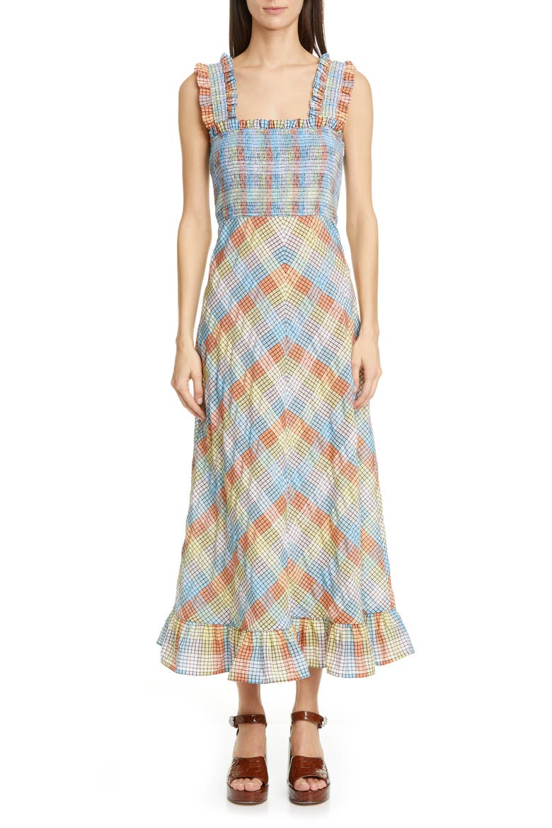 Plaid Smocked Seersucker Midi Sundress, Main, color, MULTI COLOR
