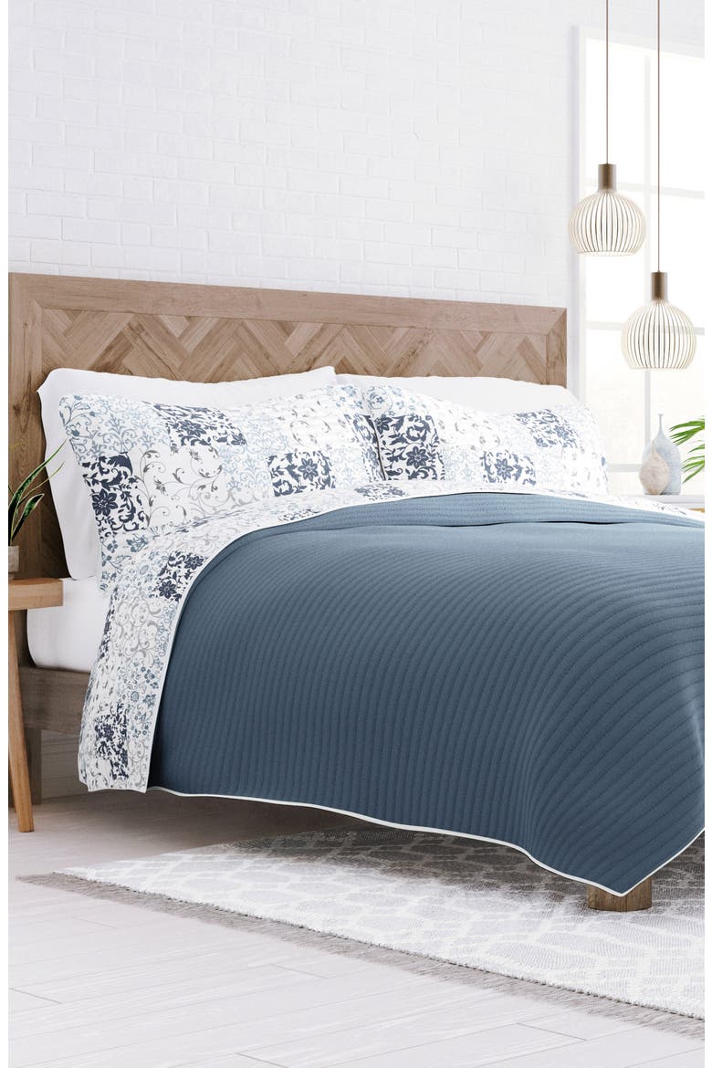 All Season Patchwork 3-Piece Down Alternative Reversible Quilt Set, Alternate, color, DUSK BLUE