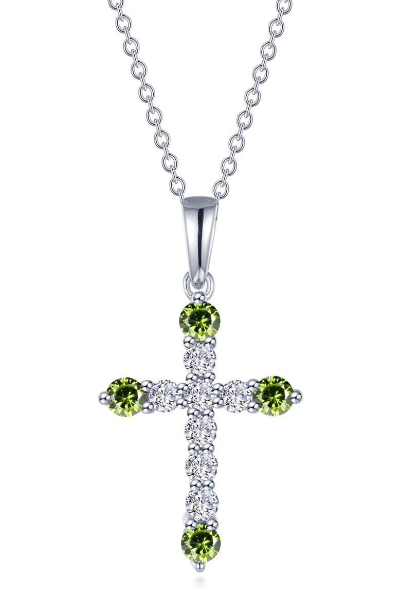 Simulated Semiprecious Birthstone Cross Necklace, Main, color, PERIDOT/ WHITE