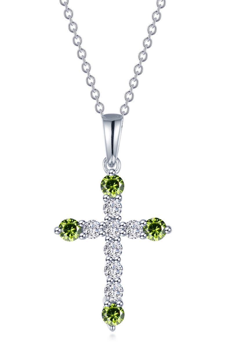 Lafonn Simulated Semiprecious Birthstone Cross Necklace, Main, color, Peridot/ White