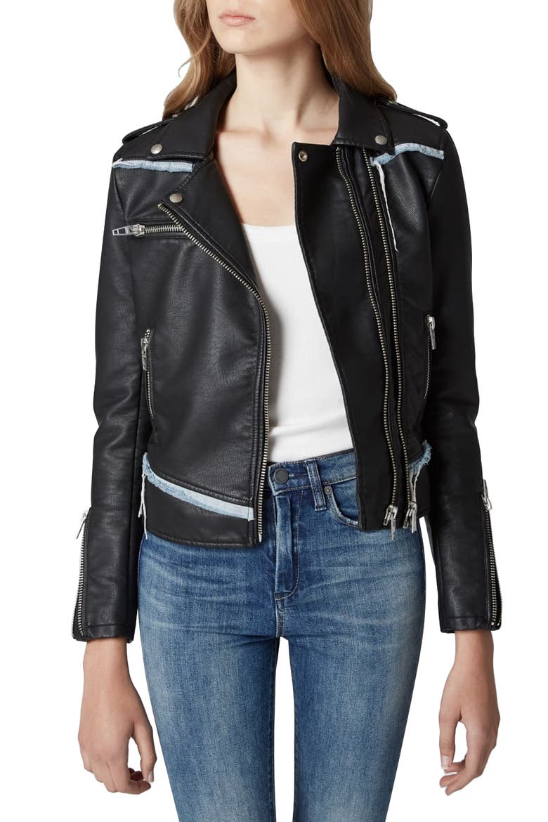 Thrasher Denim Trim Faux Leather Moto Jacket, Main, color, THRASHER