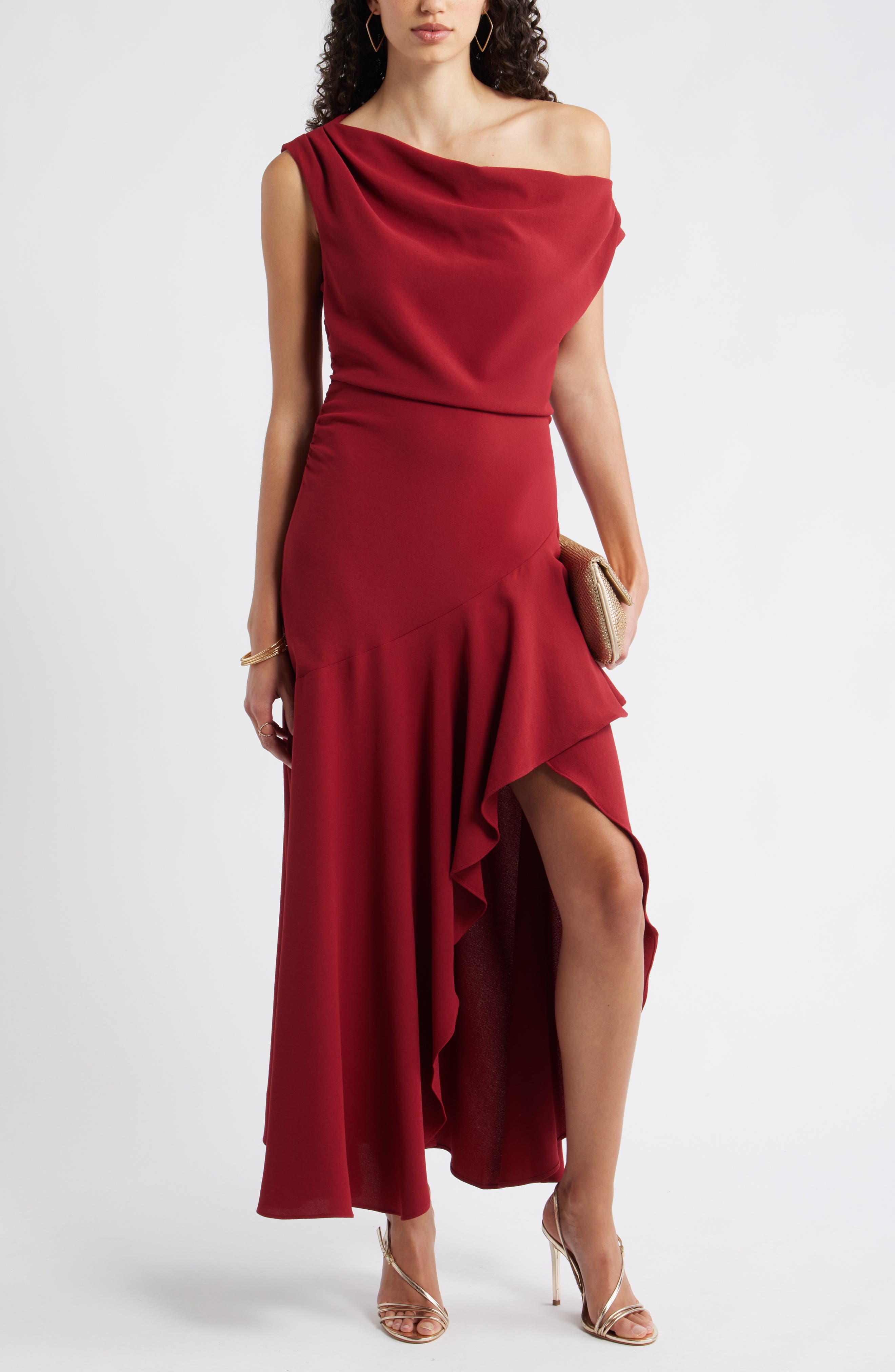 Chelsea28 Cascading Ruffle Crepe One-Shoulder Gown