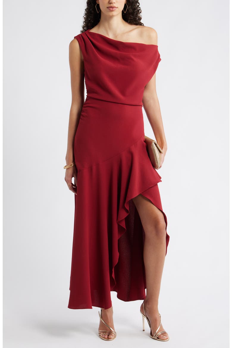 Cascading Ruffle Crepe One-Shoulder Gown, Main, color, RED CINDER