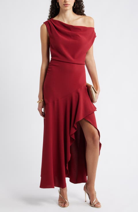 Cascading Ruffle Crepe One-Shoulder Gown