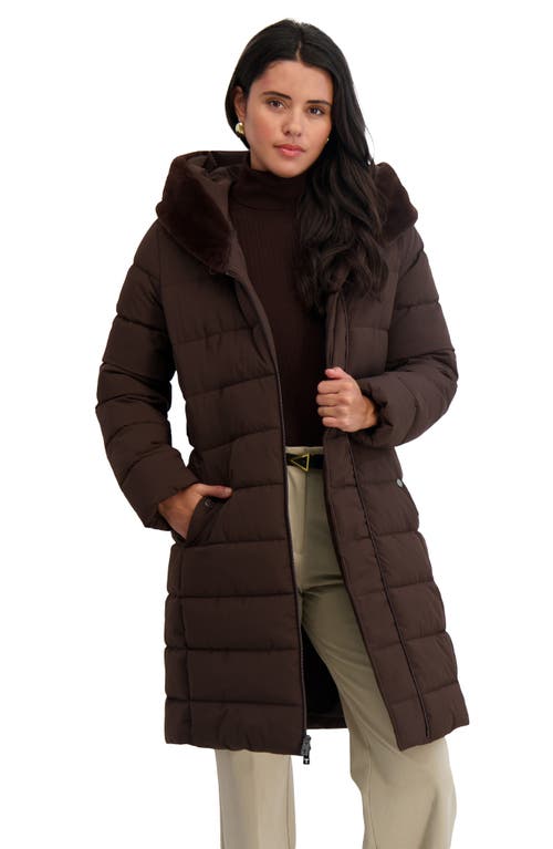 Tahari Vic Belted Longline Coat With Faux Fur Trim Hood In Brown