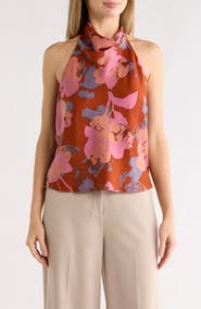 Renee C Floral Print Satin Halter Neck Top