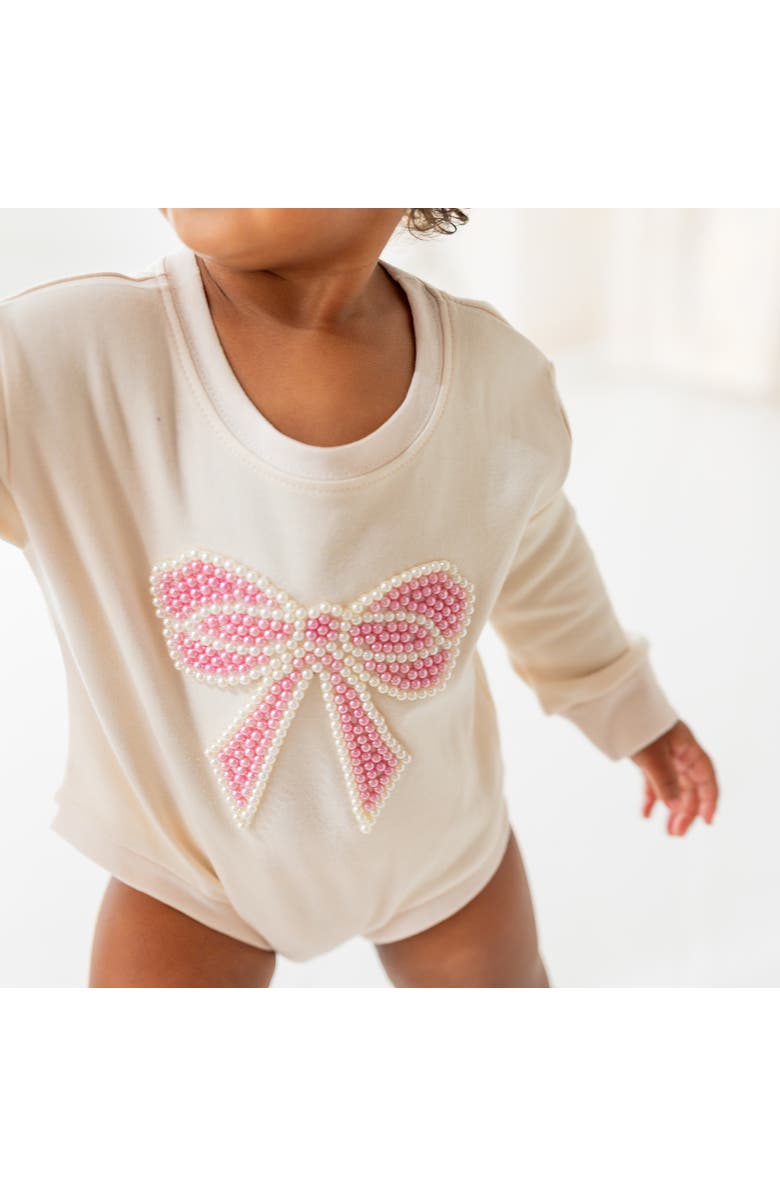 Sweet Wink Pearl Bow Patch Long Sleeve Romper, Alternate, color, Natural