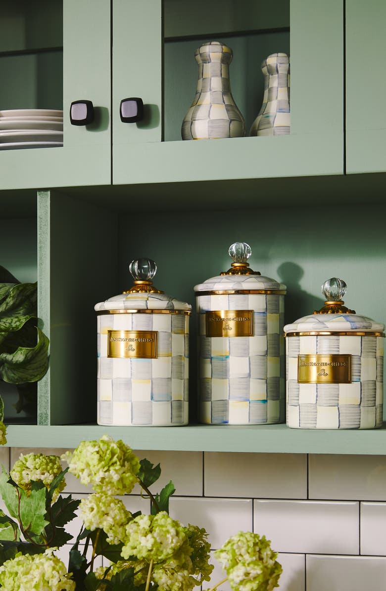 MACKENZIE CHILDS Sterling Check Enameled Steel Medium Canister, Alternate, color, Grey/ White